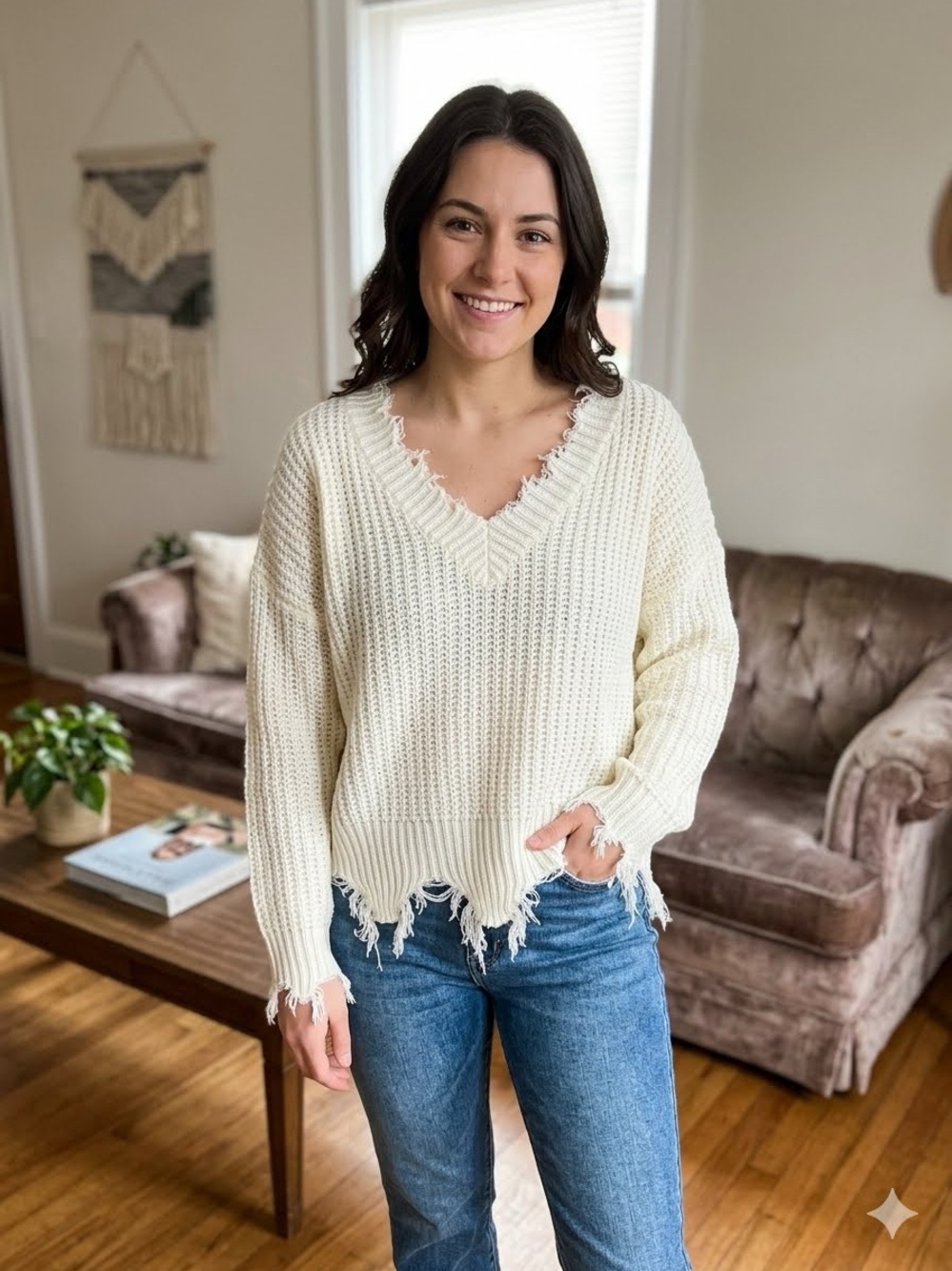 PINK LILY Oversized Distressed V-Neck Ivory Sweater